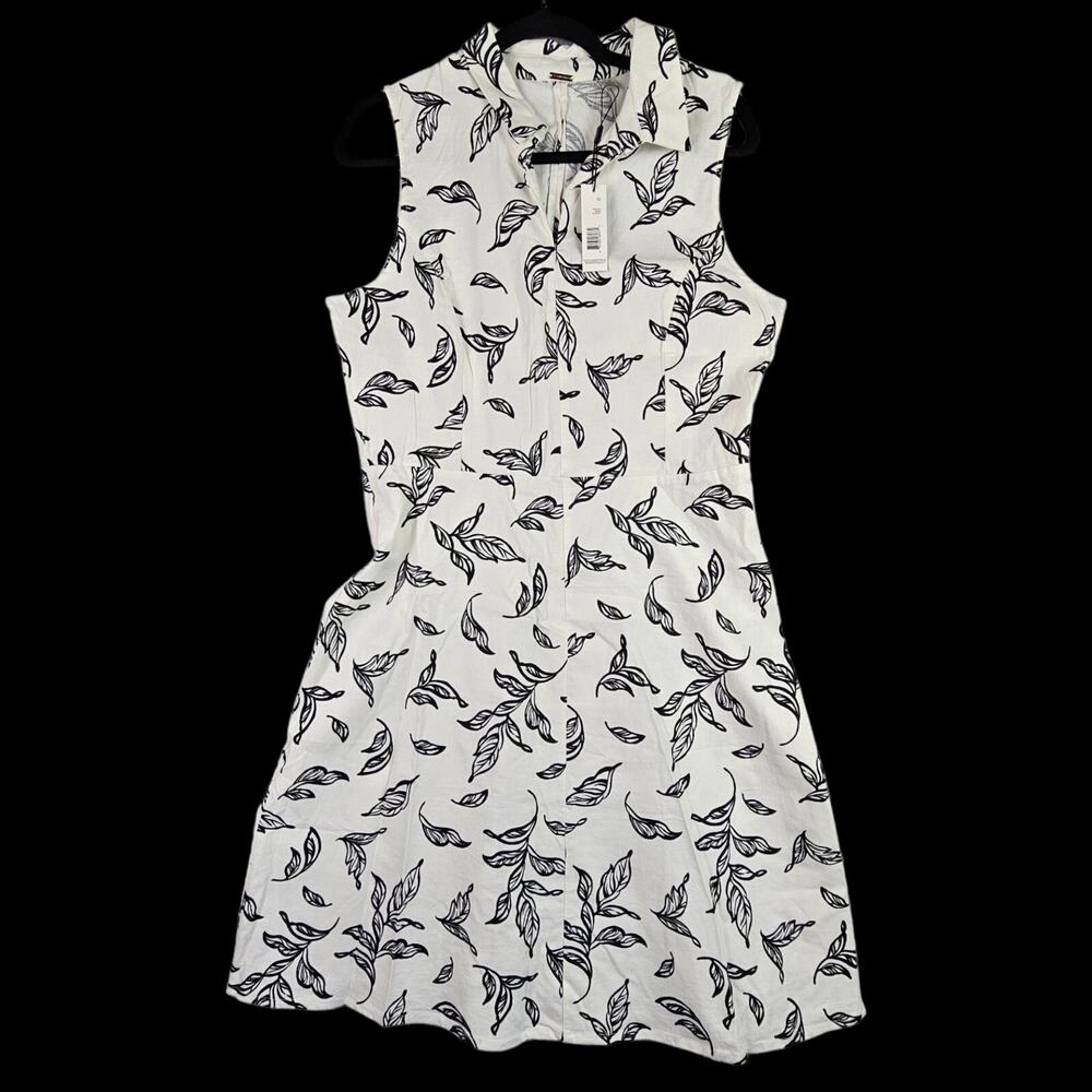 Tahari Sz 12 White Linen Blend Collared Shirt Dress Sleeveless Black Leaf Print